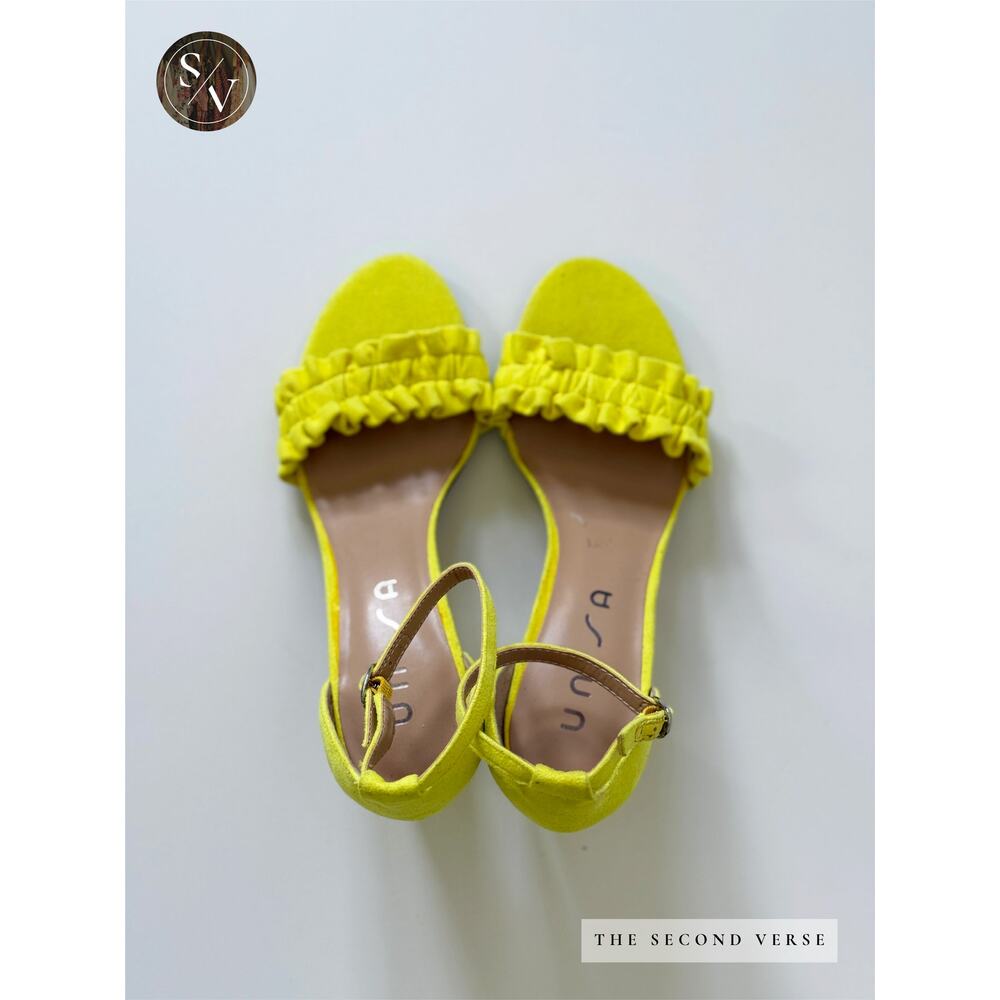 Unisa Diara Suede Strap Ruffle Block Heels Bright Yellow Size 9 - Picture 2 of 6